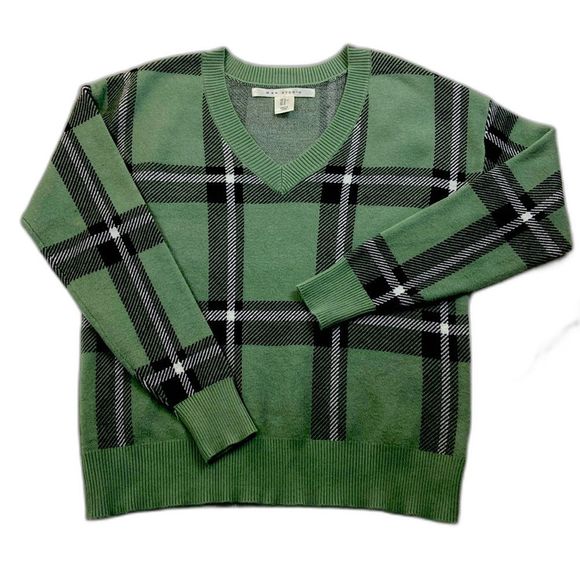 Max Studio Mint Green Plaid V-Neck Sweater Large - Picture 1 of 8